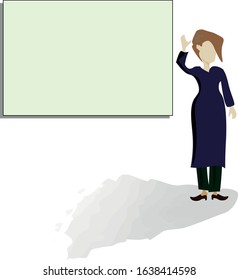 flat design. woman makes project presentation. modern teacher. good hairstyle. university, college. Graduate. school teacher. The student presents homework.  vector eps 10