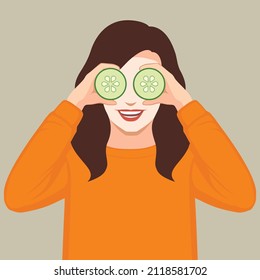 Flat design of a woman with mask of cucumber on her eyes. Vector illustration, Portrait of beauty  female woman with clean pure skin taking spa relaxing  with cucumber slices. Skin beauty health care 
