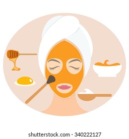 Flat Design Woman In Natural Mask Of Yoghurt, Egg Yolk And Honey. Vector Illustration