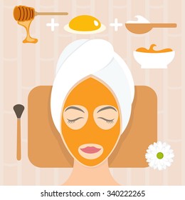 Flat Design Woman In Natural Mask Of Yogurt, Egg Yolk And Honey. Vector Illustration