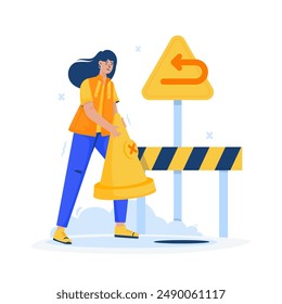 Flat design of a woman placing a traffic cone for comeback later page, Return sign symbol, Vector illustration