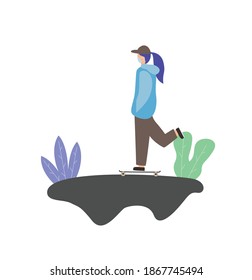 flat design, a woman playing a sketeboard using a mask