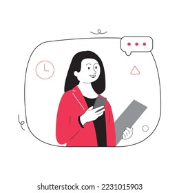 Flat design of a woman replying to messages on her cell phone, red flat design