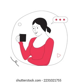 Diseño plano de una mujer descansando mientras toma café, diseño plano en rojo