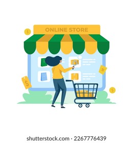 Flat design a woman search product on online stores