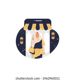 Flat Design Woman in the shop, Ramadan Sale Discount Banner Template Promotion Design for Business, Ramadan Kareem Islamic Holy Month.