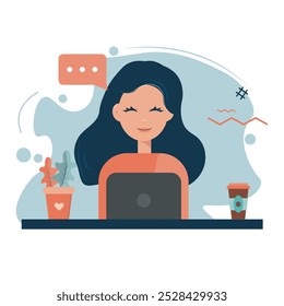 A flat design of a woman sits at a desk with a laptop 