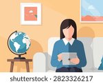 Flat Design Woman Sitting on Sofa Using Tablet Next to Globe