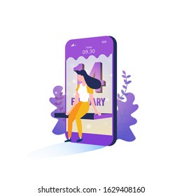 Flat design a woman is sitting waiting for her boyfriend when Valentine's Day is coming behind mobile screen background