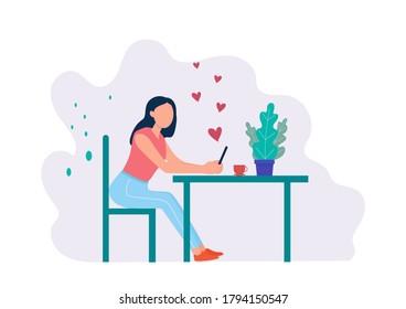 Flat design woman with smartphone create updating in social media.