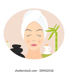 Flat design of a woman with towel in spa. Vector illustration
