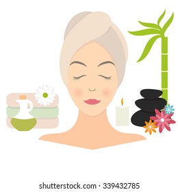 Flat design of a woman with towel in spa. Vector illustration