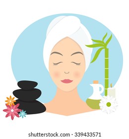 Flat design of a woman with towel in spa. Vector illustration