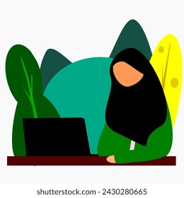 Flat design of a woman wearing a hijab working in front of a laptop.
