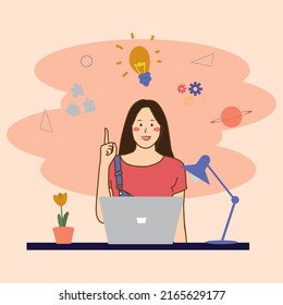 flat design of woman working with computer and shows gesture when get idea