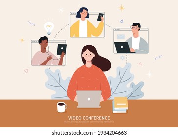 Flat design of woman working from home on laptop and having a video conference with her colleagues