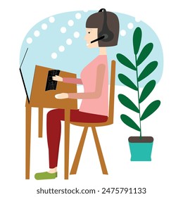 Flat design with woman working from home with headphones; work from home character