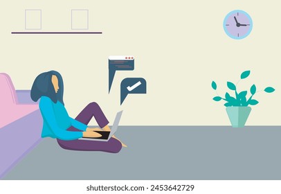 flat design, woman working using a laptop at home, sitting leaning on the sofa