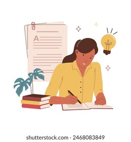 Flat design of woman writing essay. Flat illustration concept