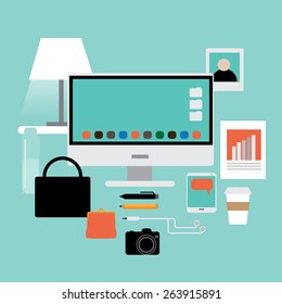 Flat design womans workspace items EPS 10 vector Royalty free stock illustration for ads, marketing, poster, flyer, blog, article, social media, signage, web page, brochure