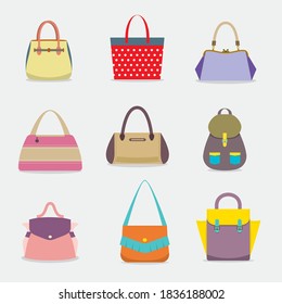 Flat Design Women Bags Set Vector Illustration.