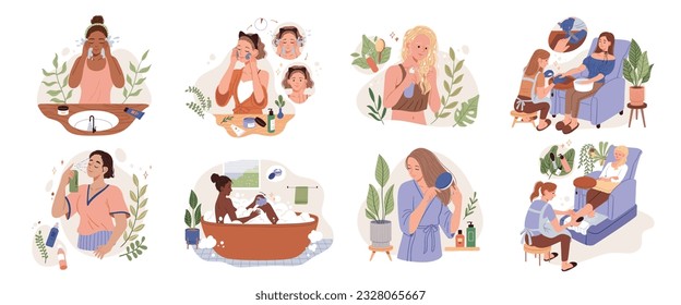 Flat design women enjoy self care routine set isolated on white background. Women doing face cleanse, hair care, manicure and pedicure.