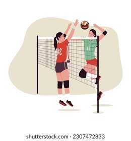 Diseño plano de la competencia de voleibol femenino. Ilustración para sitio web, página de inicio, aplicación móvil, afiche y banner. Ilustración vectorial plana de moda