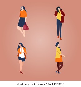 flat design women walking illustration bundle set