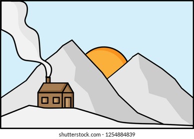 Flat design wood house on the hill. Cold weather in winter. Wallpapers for children with mountain houses. Vector illustrations. Black outline.