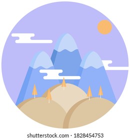 Flat design of wooded hills and high mountains.