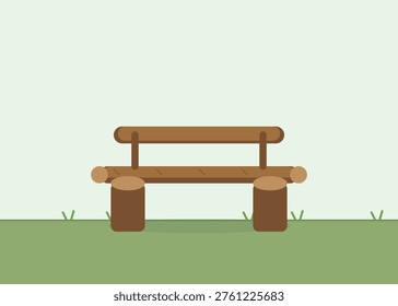 Flat design wooden log bench on lush green grass field, peaceful park scene illustration.