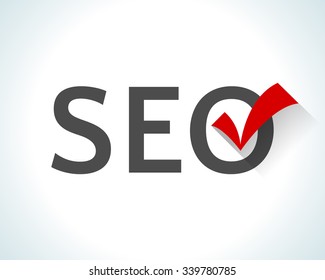 Flat design word SEO isolated on white background with a red check mark. Search engine optimization. SEO concept sign. Symbolizes a success in internet searching optimization process. Vector