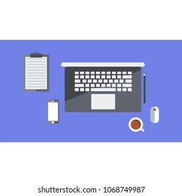 Flat Design of a Work Desk with a laptop, work from Home
