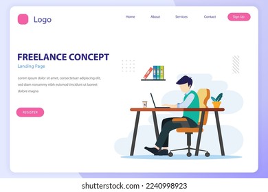 flat design of Work from home concept, Freelance concept. Flat Style vector template suitable for Web Landing Page, Background.