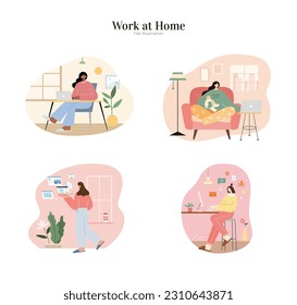 Flat design work from home element collection isolated on white background. Scenes of women working at home. Concept of working mom and professional women working remotely.