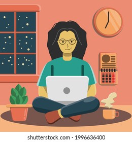Flat design work from home, night atmosphere indoors. Shadow and highlight effects. Retro style illustration.