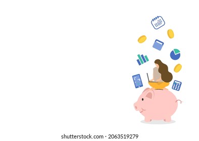 Flat design of work life balance concept, business woman is working hard to save money, overwhelmed working woman, money saving investment, save money vector, overwhelming work on deadline calendar.
