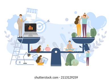 Flat design of work life balance concept and work life harmony vector, business people with leisure activities, relaxing lifestyle management vector, overwhelm business people with business tools.