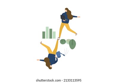 Flat design of work life balance concept, a woman’s doing leisure activities, relaxing lifestyle management vector, a business woman is working on laptop, a woman is watering plants.