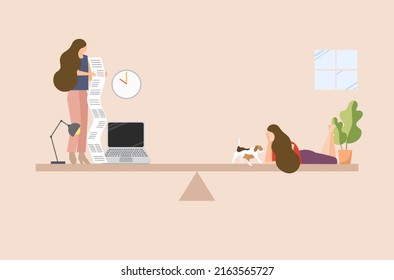 Flat design of work life balance concept, busy business woman is working, a woman is playing with dog at home, work life balance of business woman vector, a woman’s lifestyle vector.