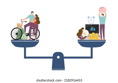 Diseño plano del concepto de equilibrio de la vida laboral vector, empresario y mujer de negocios están trabajando juntos como vector de equipo, pareja linda está en vector de bicicleta, diseño plano de abrumador vector de trabajo.