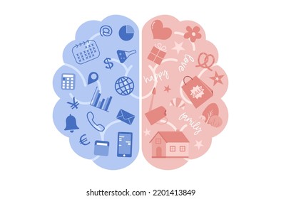 Flat design of work life balance concept, left brain and right brain vector, flat design of overwhelming business tasks vector, balancing life and work vector, work life balance concept.