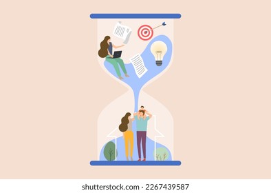 Diseño plano del concepto de equilibrio de vida laboral y del vector de armonía de vida laboral, gente de negocios con actividades de ocio, vector relajante de gestión de estilo de vida, abruma a la gente de negocios con herramientas de negocio.