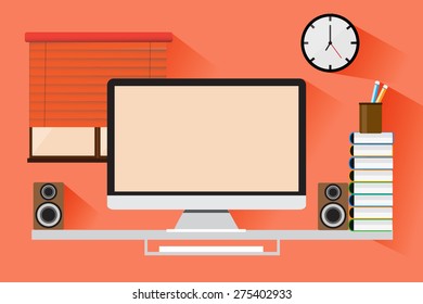 Flat design work space computer and tools for hard working.