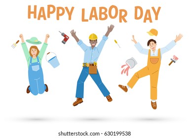 Flat design, Workers jumping with text happy labor day, vector