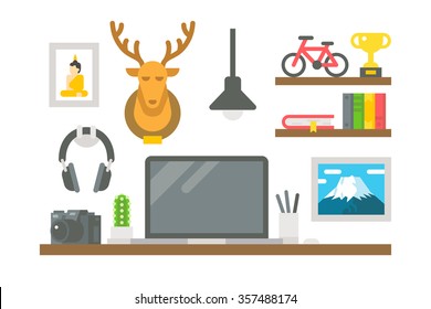 Flat design working desk decor illustration vector
