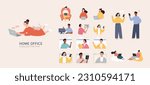 Flat design working from home and online conferences element collection isolated on beige background. People having meeting with digital devices. Concept of home office and virtual meeting.