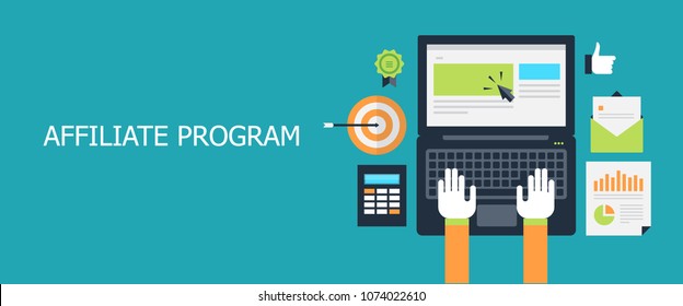 Flat design working on laptop, affiliate program, digital marketing strategy vector illustration