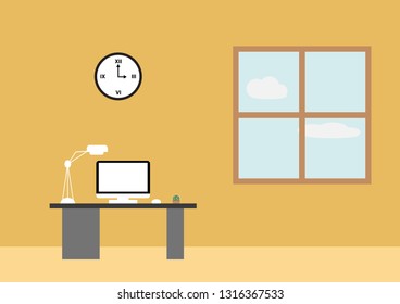 Flat design of working room, desktop computer and window view, concept for interior design