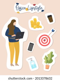 Flat design of working woman with office element in sticker style. Office daily lifestyle.